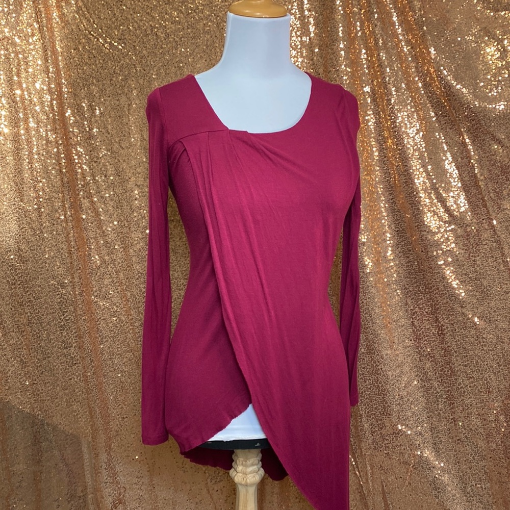 Venus wine colored long sleeve asymmetrical overlay top. Stretchy material.Loved